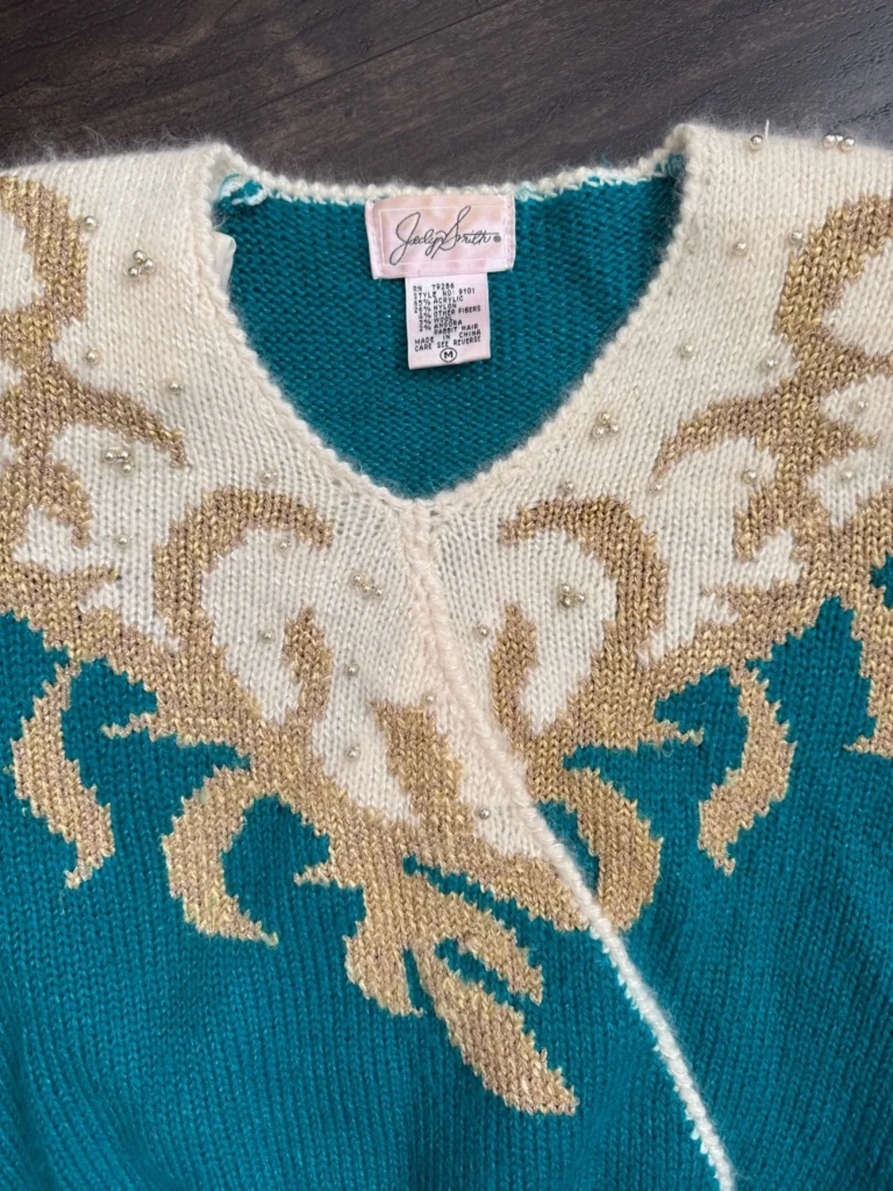 Vintage Jacklyn Smith Beaded Angora Sweater Teal Gold Fits S